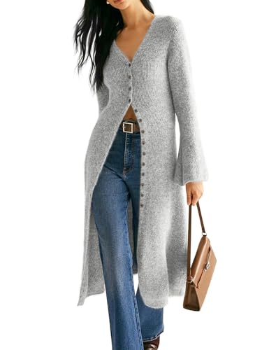 Image of Womens V-Neck Button Maxi Cardigan Bell Long Sleeve Open Front Split Breasted Sweater Dress