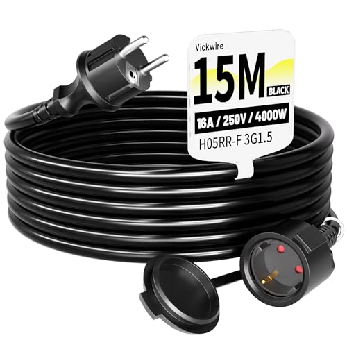 Vickwire Gummi Verlängerungskabel 15m außen Kabel Kabelverlängerungen mit Schutzkontakt Stecker Schuko Verlängerung 16A/250V, Schwarz, H05RR-F 3G1,5 mm²