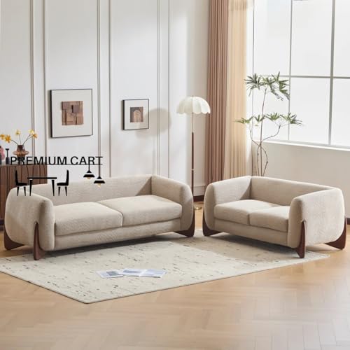 Image of Upholstered 3 Seater Sofa Three Seater Sofa with Wooden Legs for Living Room Hotels & Offices (3+2 Beige Boucle)