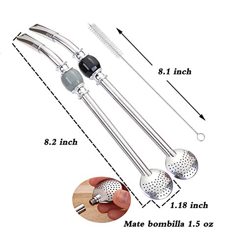 Image of Set of 2 Premium big Yerba Mate stainless steel straws 8.2'' long - Bombillas for Mate gourd drinking,removable head filter, with Cleaning Brush (Gray-Black 2+1)