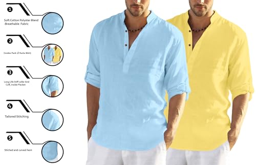 Image of FINIVO FASHION Men's Cotton Blend Solid Full Sleeve Combo Short Kurta Shirt, Regular Fit Solid Pattern Mandarin Collar Straight Kurta Shirt