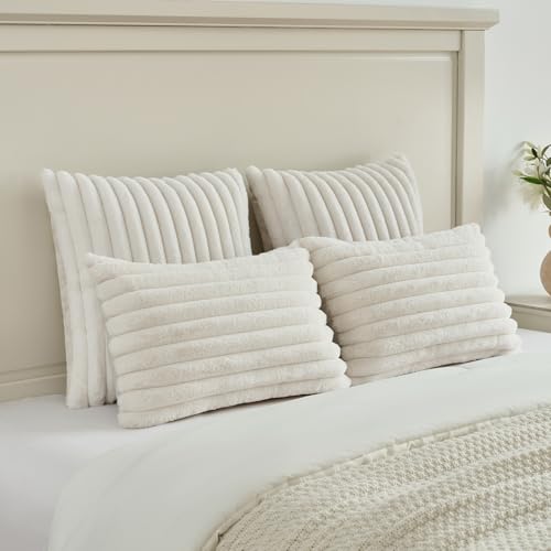 FUTEI Cream White Striped Decorative Throw Pillow Covers 26x26 Inch Set of 2,Square Fall Decorations Couch Euro Pillow Shams,Soft Cozy Faux Rabbit Fur & Velvet Back,Modern Home Decor for Bed