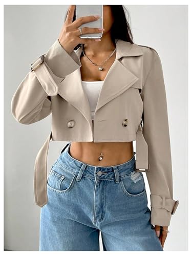 WDIRARA Women's Long Sleeve Cropped Trench Coat Lapel Collar Belted Jacket Lightweight Outerwear3