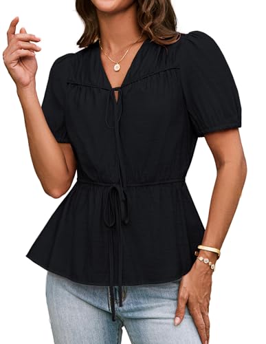 GRACE KARIN Sommer Casual V-Ausschnitt Damen Kurzarm T-Shirt Elastische Taille Shirt Urlaub Dating Ausflug T-Shirt Schwarz XXL