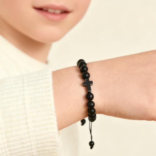 Image of Lamyba Easter Gifts for Kids /Teens /Girls, Christian Natural Stone Beaded Bracelets, Easter Basket Stuffers Essentials, Adjustable Cross Bracelets, Blue /Black