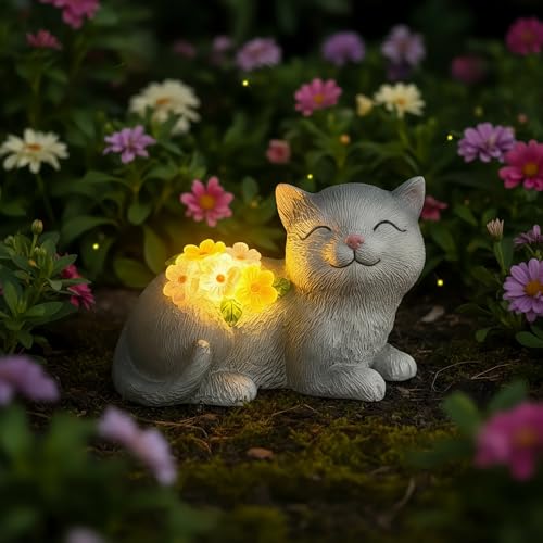 Chat solaire de jardin et statue lumineuse extérieure pour parterre de fleurs et terrasse