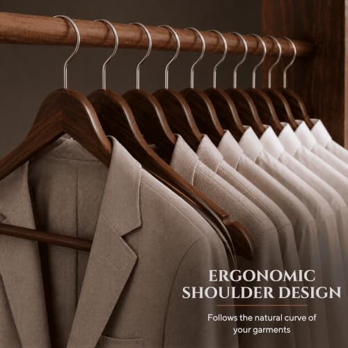 Image of Ash & Roh - Wooden Suit Hangers - Smooth Finish Solid Wood Coat Hanger with Non Slip Pants Bar, 360 Swivel Hook and Precisely Cut Notches Camisole, Jacket, Clothes Hangers (Cherry Hanger, 24)