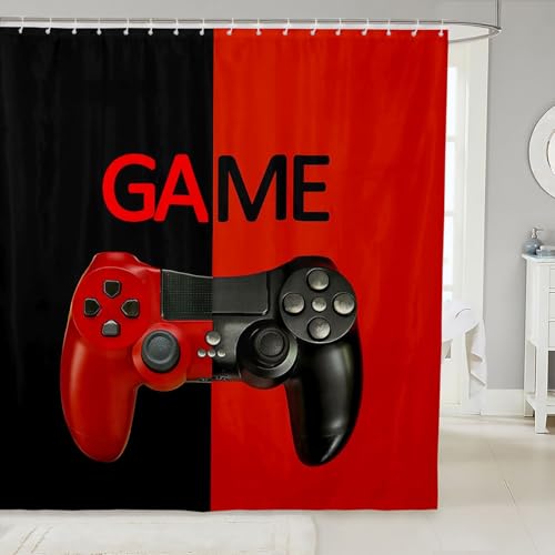 Image of Boys Shower Curtain Gaming Bathroom Shower Curtains Gamer Bath Curtain Red Black Bathroom Decor Kids Teens Video Game Gamepad Waterproof Cloth Fabric with 12 Hooks Bathroom Accessories 72x78 Inch