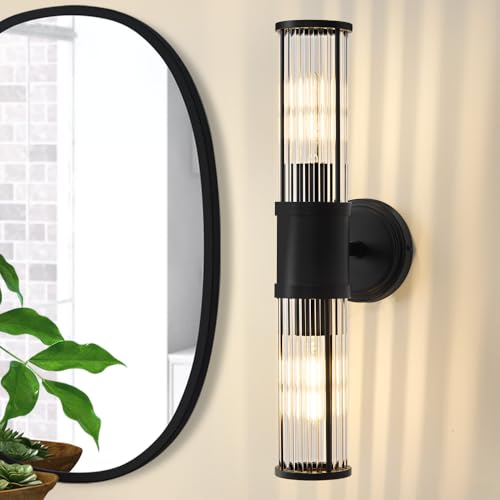Image of Black Wall Sconce Bathroom Vanity Light Fixtures for Mirror, Modern Wall Light with Glass Rod Shade for Bathroom, Bedroom, Hallway, Living Room - Bulb Not Included