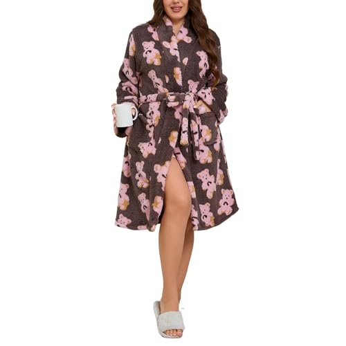Hiseng Albornoz Mujer Bata Mujer Invierno Lindo Batas de Casa de Polar Larga Suave y Grueso con Bolsillos y Cinturón Albornoz de Baño Unisex Cálido Ideal para Sauna Casa (Oso,S)