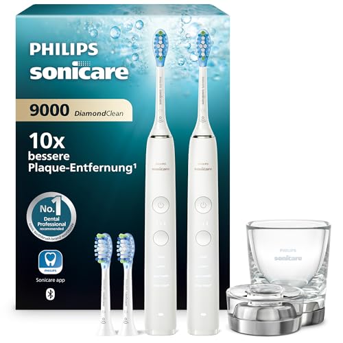 Philips Sonicare DiamondClean 9000 elektrische Zahnbürste, Doppelpack, Zahnbürste mit Schalltechnologie inklusive App, Drucksensor, 4 Putzmodi, 3 Intensitätsstufen, Ladeglas, weiß, Modell HX9914/62