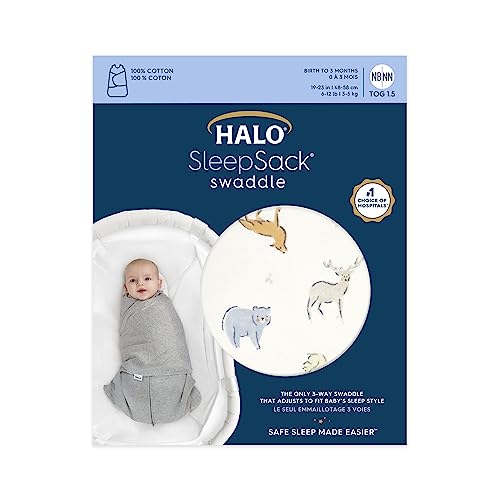 Image of HALO 100% Cotton Sleepsack Swaddle, 3-Way Adjustable Wearable Blanket, TOG 1.5, Forest Friends, Small, 3-6 Months