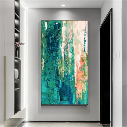 Peinture moderne vert bleu grand format 50x100 cm deco salon tableau toile tendue cadre noir