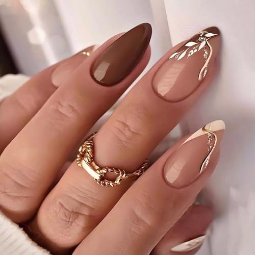 24 Pcs Fall Almond Press on Nails Medium Fake Nails Brown Reusable False Nails with Leaf & Stripes Design Artificial Almond Nails Press ons Autumn Thanksgiving Nail Full Cover Stick on Nail for Women