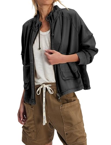Women's Cropped Jackets Zipper Cardigan Adjustable Stand Collar Shacket Fall Outwear with Pokets