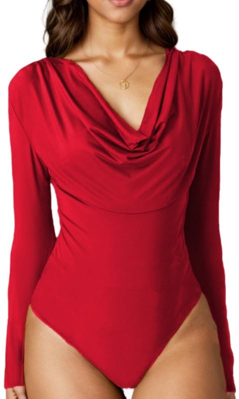 Sukiglam Body Mulher manga comprida elegante Cowl Neck Bodysuit tops sexy collants top ajustado bodyys tanga vestir festa slim fit camisas top elástico Shapewear Jumpsuit blusa macia cor sólida