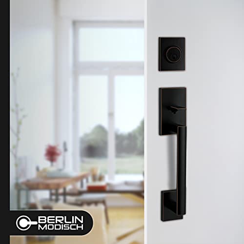 Image of Berlin Modisch HandleSet Front Door Entry Handle and Deadbolt Lock Set Slim Square Single Cylinder Deadbolt and Lever Reversible for Right & Left Sided Doors Heavy Duty - Oil Rubbed Bronze