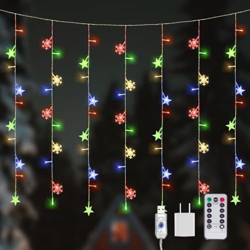 Newhale 8 Modes Christmas Curtain String Lights with Snowflake and Star, USB Plug in Wall Lights Christmas Decorations Indoor, Xmas Window Light Decor, Multicolor
