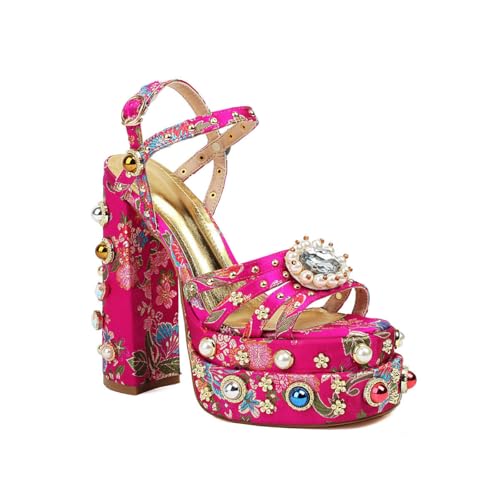 Image of Feinlina Rhinestone Platform Chunky Heels for Women Open Toe Ankle Strap Dress Pumps with Gems Green Pink Floral Print Embroidery Wedding Party Sandals