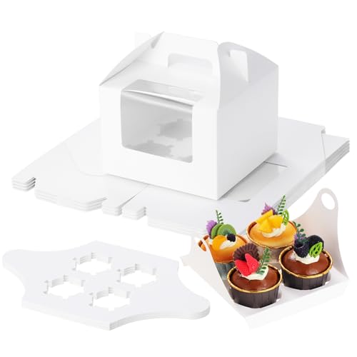 Coolty 25pcs Cajas Para Tartas 4 Agujeros Cajas Para Cupcakes Con Asa Para Embalaje Panadería Pastelería Galletas Magdalenas Cupcakes Postres Tartas Blanco