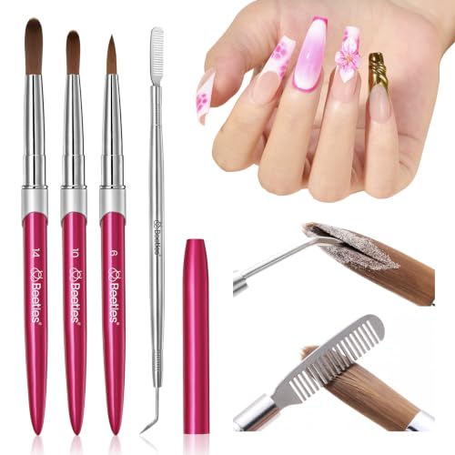 Image of Beetles Acrylic Nail Brush Set, 3Pcs Size 6 /10 /14 for Acrylic Powder | Includes 3 Size Brushes with a Steel Cleaning Comb for Acrylic Powder Application, Extensions, and 3D Carving DIY Nail Art