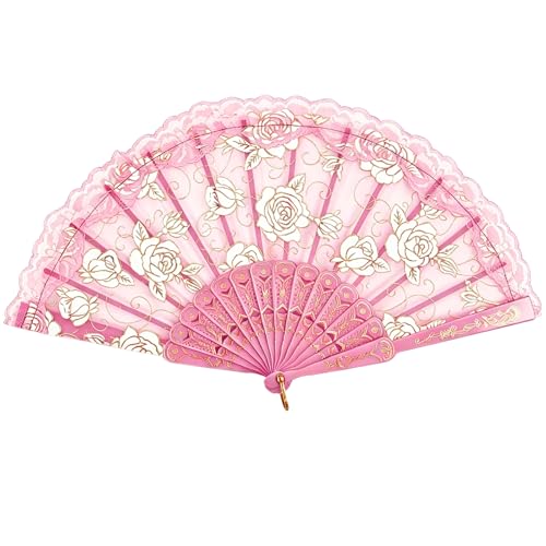 TRENDBOX Flower Rose Lace Handheld Chinese Folding Fan For Dancing Ball Parties Ladies - Rose Pink