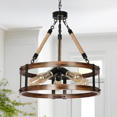 Voguad Farmhouse Rustic Chandelier Light Fixture, 5-Light Round Wooden Chandelier, Decorative Lighting Fixture for Dining Room Kitchen Island Breakfast Area