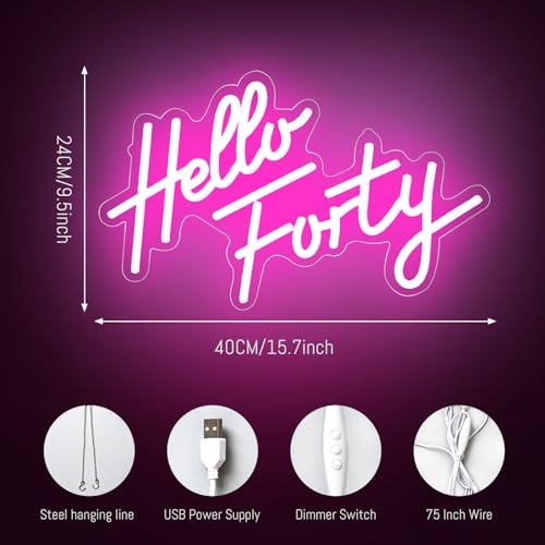 Image of Hello Forty Neon Sign 40th Birthday LED Neon Light for Forty Birthday Party Decor Hallo Forty Party Favors Personalized Gift for Girls