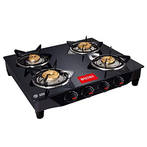 Baltra Glimmer Glass Top Gas Stove 4 Brass Burner Manual Ignition, Black (ISI Certified 2 year warranty with Doorstep Service)