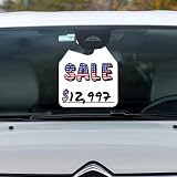 Patriotic Car Sale Hang Tags - Pack of 50, 11x9.25 inches, American Flag Design, White Card Stock, for Rearview Mirrors, was Now Pricing (Sale)