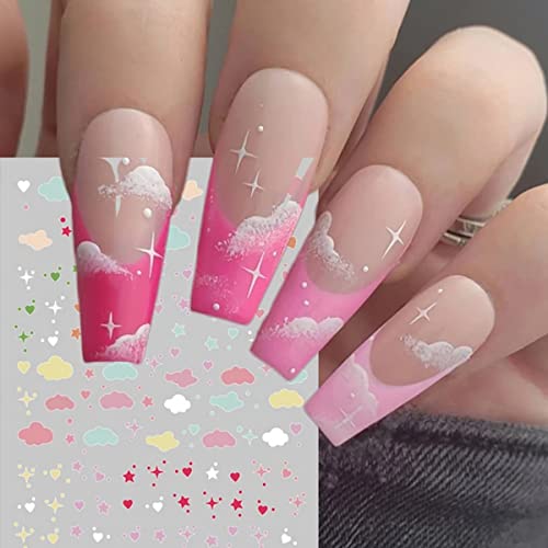 8 Sheets Cute Nail Art Stickers White Clouds 3D Self-Adhesive Nail Decals Colorful Cloud Stars Moon Heart Sparkles Nail Art Design Diy Nail Supplies For Women Acrylic Nails Decoration Accessories #TOP1