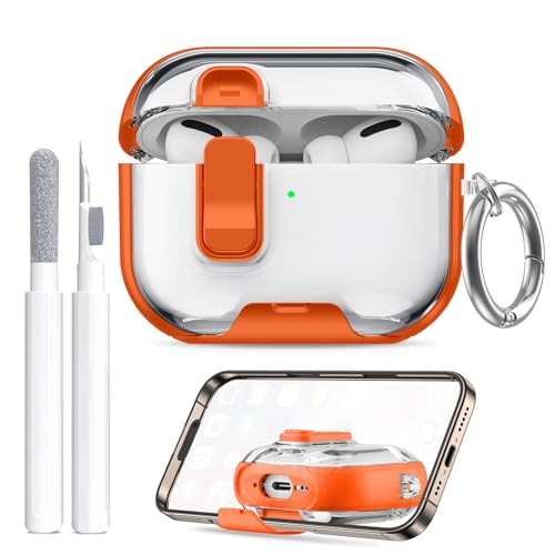 Image of Compatible Airpods Pro 3 Case (2025) with Phone Stand & Cleaner Kit,Print Soft Silicone Lock Clip Apple AirPods Pro 3rd Generation Case, Airpod Pro 3 Cover with Keychain for Women /Girls,Orange