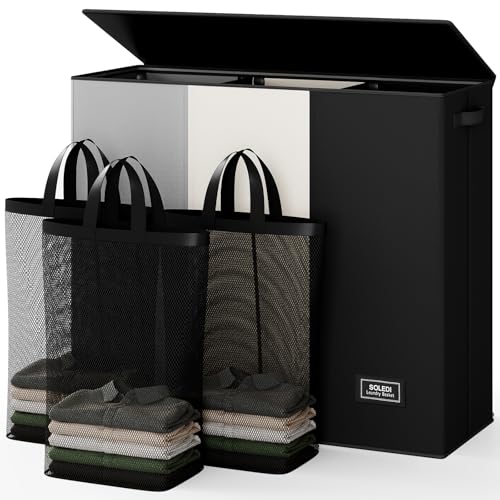 SOLEDI Laundry Hamper 3 section with lid and 3 Pcs