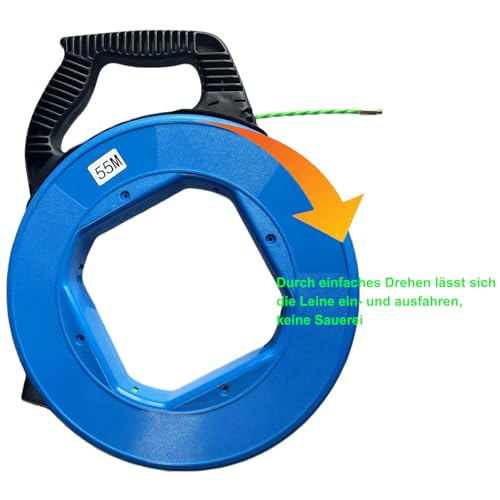Kabeleinziehhilfe 55m – Einziehspirale mit Einziehfeder, mit 6 Adaptern für Leerrohre, Kabeleinzugshilfe für Elektroinstallationen, Ø 4,5 mm, aus Polyester