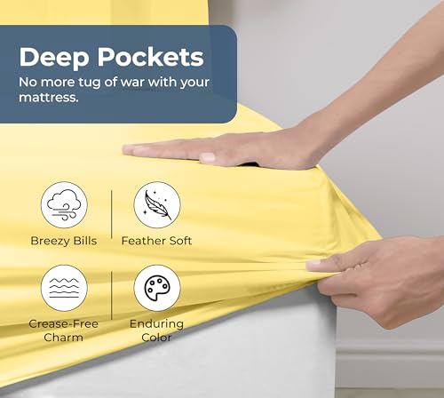Image of Royale Linens 100% Organic Cotton Fitted Sheet - Percale Weave - Super Soft Deep Pocket Bottom Sheets - Elastic Sheet King Size - King Fitted Sheets Only - (78 inchx80 inch+15 inch, Yellow)