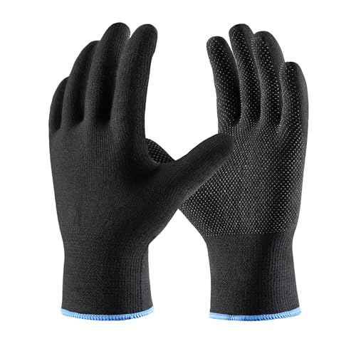 COOLJOB 12 Pairs Cotton Work Gloves with Non-Slip Grip Dots Breathable Lightweight Gloves for Construction Gardening Black Large