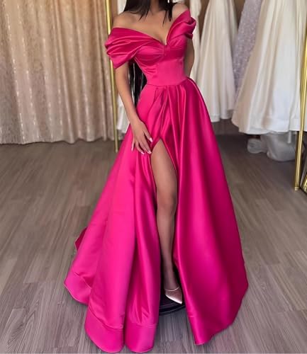 Image of Pleated Off The Shoulder Satin Prom Dresses for Women, Formal Evening Gowns Cocktail Party Dresses with Slit&Pockets