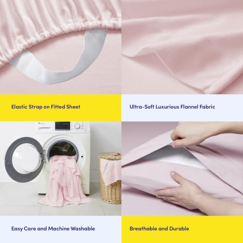 Image of Sweet Home Collection Flannel Sheet Set, Pale Pink King, Deep Pocket Soft Brushed Microfiber All-Season Bedding with Fitted Sheet, Flat Sheet & Pillowcase(s)