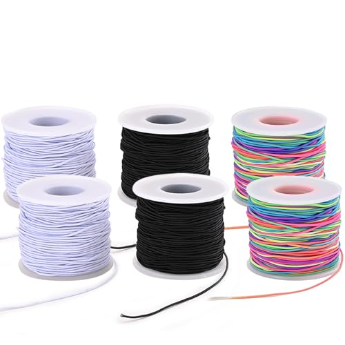 YNSHOUNA Elastic String for Bracelets 6 Rolls 1 mm 990 Feet Sturdy Stretchy Bracelet String Elastic Cord for Jewelry Making Necklaces Beading and Crafts (Black & White & Rainbow) (6 Rolls)