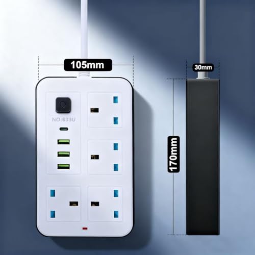 Maqash extension lead with usb slots 2500W -2m long cable - copper clips - 13A 220V - multi usb plug Cord UK - power strip with USB Socket, 8 in 1 mobile charging USB C PD 5V/2.1A - Image 6