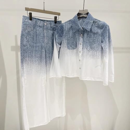 Women's Old Money Aesthetics Gradient Denim Structured Luxury Sheer Chiffon Two - Piece Set3