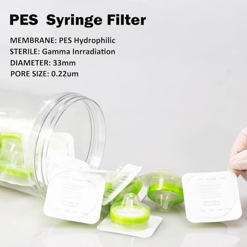 Image of Sterile Syringe Filter PES Hydrophilic Filtration 0.22 um Pore Size, 33 mm Membrane Diameter, 20 Pack, Sterile Packed Individually for HPLC Sample Preparation