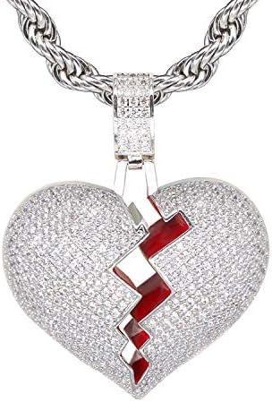 TSANLY Silver Broken Heart Pendant Necklace Hip Hop CZ Fully Iced Out Bling CZ Diamond 24K White Gold Plated with 24" Stainless Rope Chain