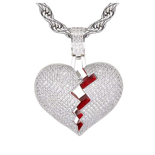 TSANLY Silver Broken Heart Pendant Necklace Hip Hop CZ Fully Iced Out Bling CZ Diamond 24K White Gold Plated With 24" Stainless Rope Chain