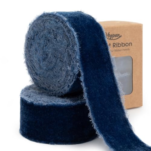 Keypan Blue Velvet Ribbon 1-1/2 Inch x 6 Yd Handmade Frayed Vintage Ribbons for Christmas Tree Home Decor Wreath Craft Ornaments Gift Wrapping