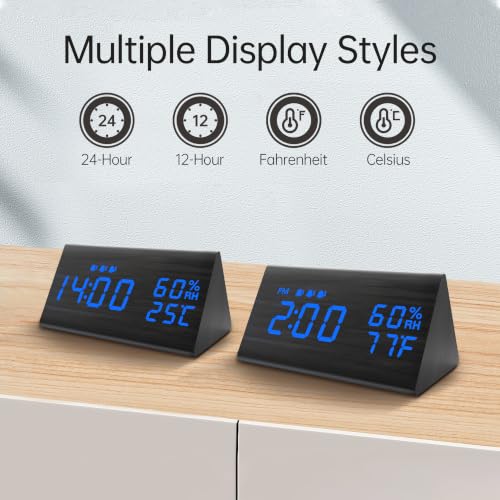 Image of JALL Wooden Digital Alarm Clock for Bedrooms and Office, 3 Alarms with Big Digits, Humidity and Temperature Display, 6-Level Dimmer, Snooze, Loud Desk Clock for Heavy Sleepers, Plug in (Black)