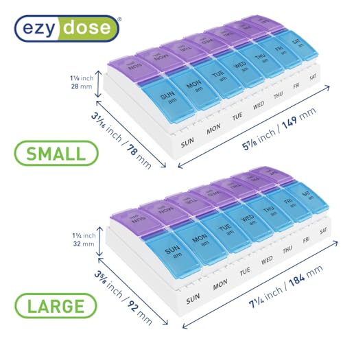 ezy dose weekly 7-day ampm pill organizer vitamin and medicine box small pop-out compartments 2 times a day blue and purple lids