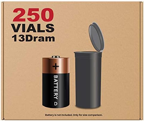 W Gallery 250 Black 13 Dram Pop Top – Airtight Smell Proof Vials – Plastic Medical Grade Prescription Bottles for Pills Herbs Flowers Supplements, Bulk Pack, Not Glass Jars