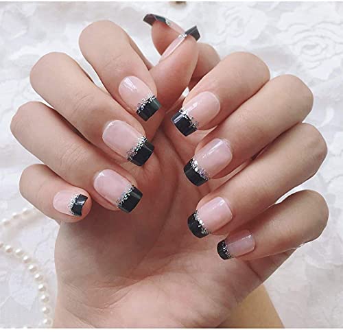 French Fake Nail Nude Nails with Black and Glitter Top Artificail Nails for Daily Wear Medium Size False Nails - Thumbnail 2