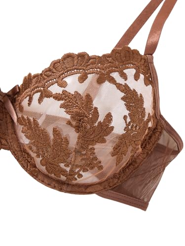 Image of Lilosy Sexy Leaf Floral Embroidered Mesh Sheer Women Underwire Push Up Lingerie Set